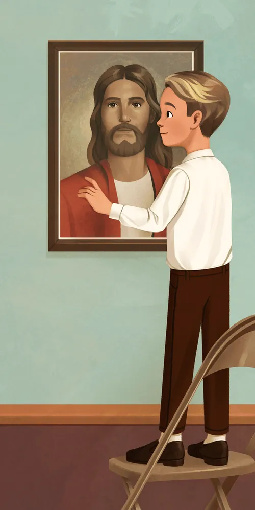 Illustration of boy standing on chair looking at a portrait of the Savior