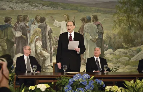 Thomas S. Monson and counselors during press conference