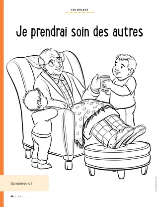 coloring page of boy giving drink to grandpa