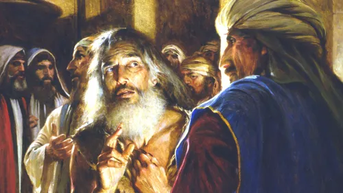 the prophet Jeremiah dressed in sackcloth, standing before a priest