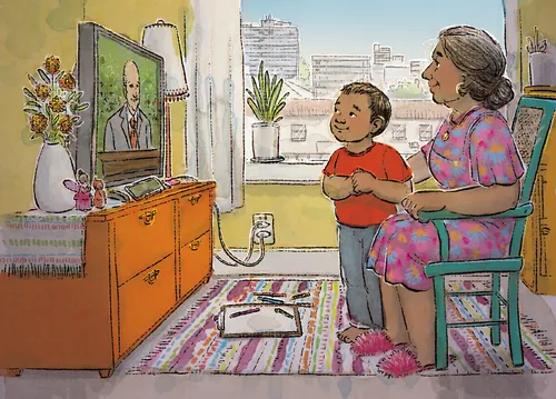 woman and child watching general conference