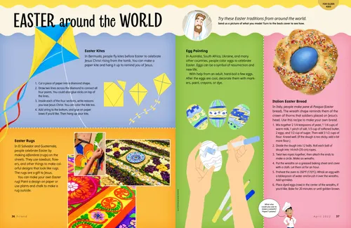 Page PDF with illustrations of a paper kite, colorful rugs, hands painting eggs, and Italian Easter bread