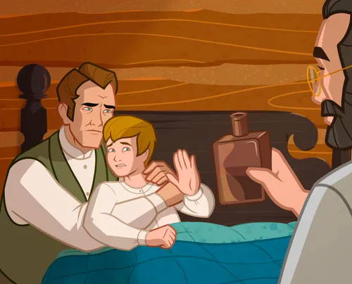 Joseph Smith’s doctor offers him alcohol for his leg surgery. Joseph refuses. His father holds him.