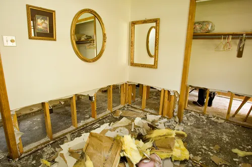 The damaged interior of a home.
Aftermath of Hurricane Katrina in Louisiana, 2005.