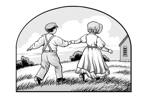 Girl and boy walking toward church building