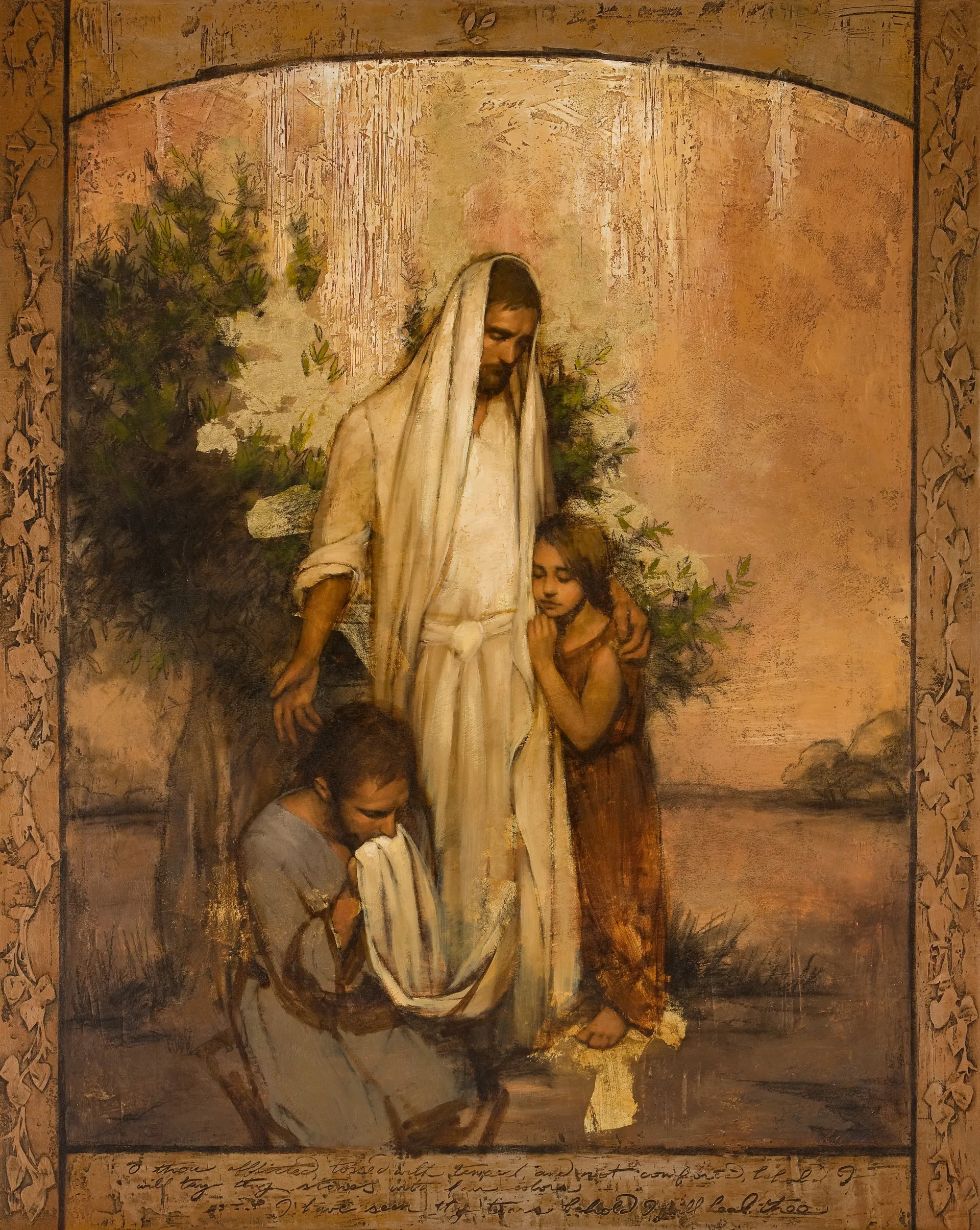 Painting of Jesus Christ in white, with a shawl covering His head, standing by a small tree. He has a small girl in a brown tunic pressed to His side. At His feet is a young man with a beard in a blue tunic kneeling. The man's head is bowed and he holds the hem of Christ's robe to his face.  The vertical sides of the frame are an embossed floral design in gold. The top of the canvas is arched. The lower edge of the image has the following passage carved into the surface , "O thou afflicted, tossed with tempest, and not comforted, behold, I will lay thy stones with fair colours  (Isaiah 54:11), and  I have seen thy tears: behold, I will heal thee  (2 Kings 20:5)."