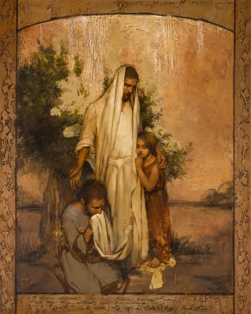 Painting of Jesus Christ in white, with a shawl covering His head, standing by a small tree. He has a small girl in a brown tunic pressed to His side. At His feet is a young man with a beard in a blue tunic kneeling. The man's head is bowed and he holds the hem of Christ's robe to his face.  The vertical sides of the frame are an embossed floral design in gold. The top of the canvas is arched. The lower edge of the image has the following passage carved into the surface , "O thou afflicted, tossed with tempest, and not comforted, behold, I will lay thy stones with fair colours  (Isaiah 54:11), and  I have seen thy tears: behold, I will heal thee  (2 Kings 20:5)."