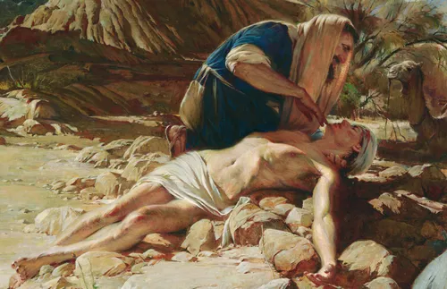 the good Samaritan helping an injured man