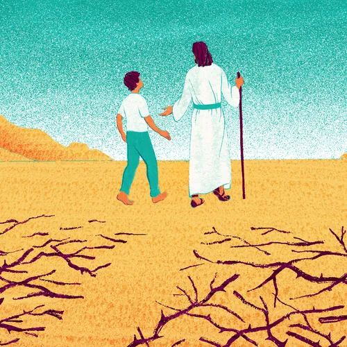 young man walking with Jesus Christ