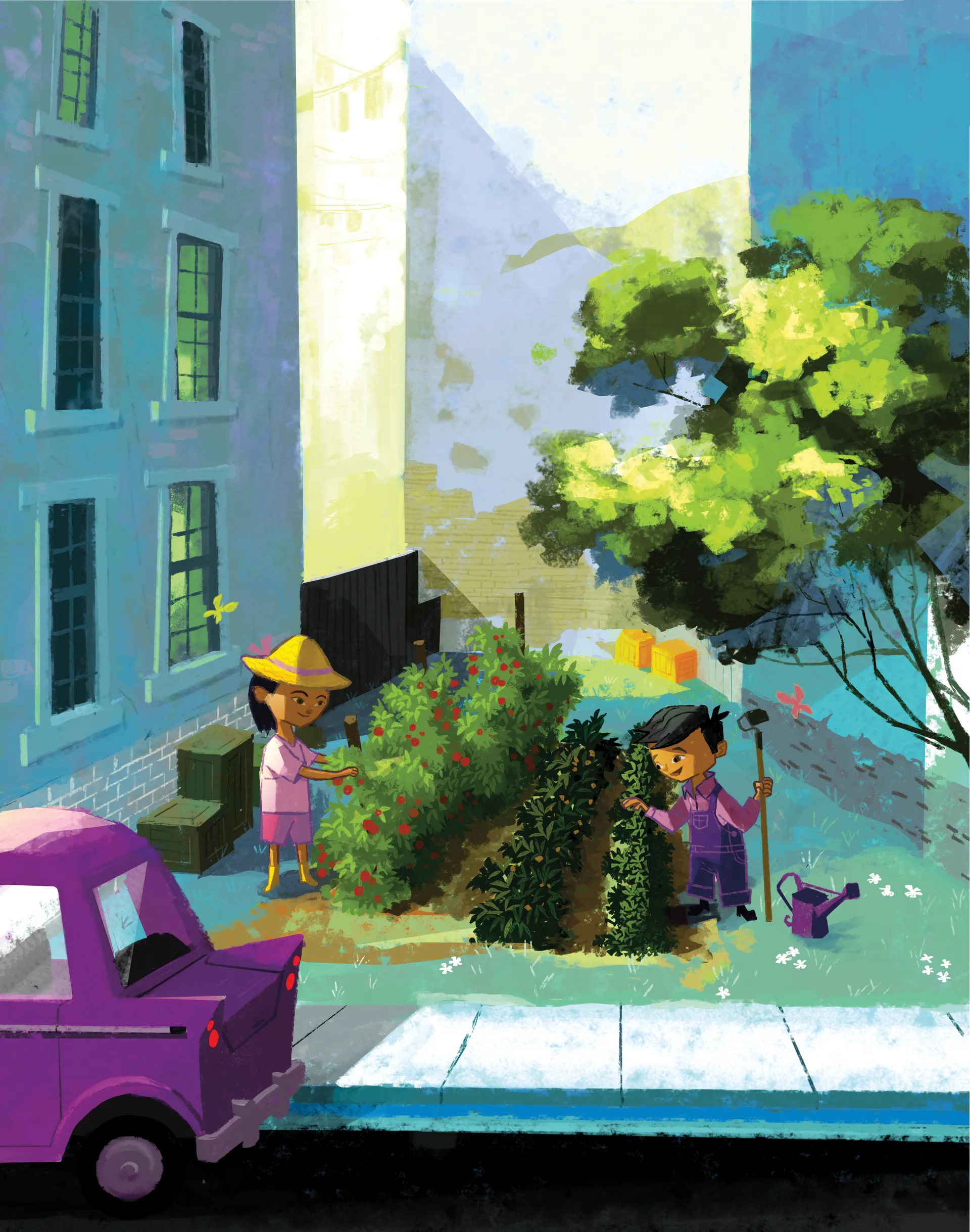 A boy and a girl work on a garden together in the middle of a city.