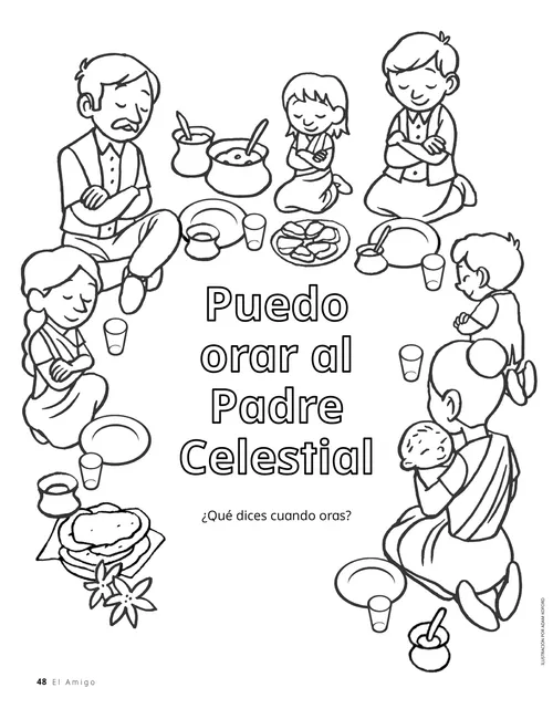 Página para colorear de una familia orando durante una comida