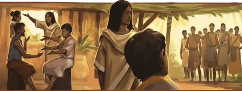 A group of young men approach a house where older adults are talking