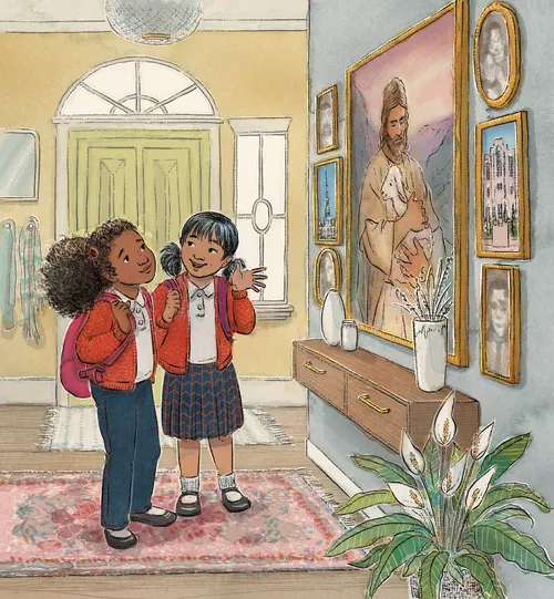 children looking at a painting of Jesus Christ