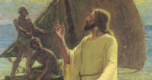 Christ walking on seashore beckoning to Peter and Andrew to become his apostles