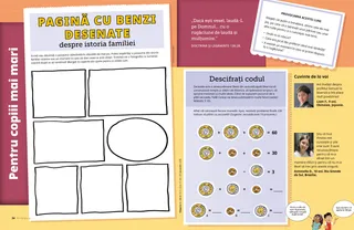 Pagina PDF cu o activitate de realizare a unei benzi desenate despre istoria familiei și o activitate codificată despre zeciuială.