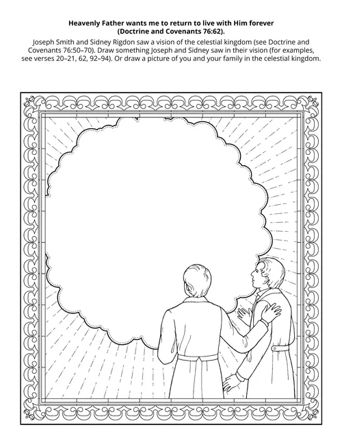 Line art picture depicts Joseph Smith and Sidney Rigdon starring into heaven in vision where they receive D&C 76.