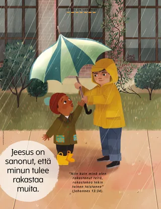 boy holding striped umbrella for other child in the rain