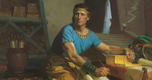 Mormon is seated at a table translating the plates, with his arm resting on the gold plates.