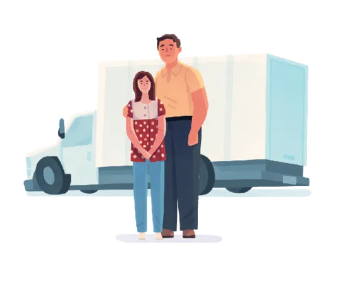 father, daughter, and truck