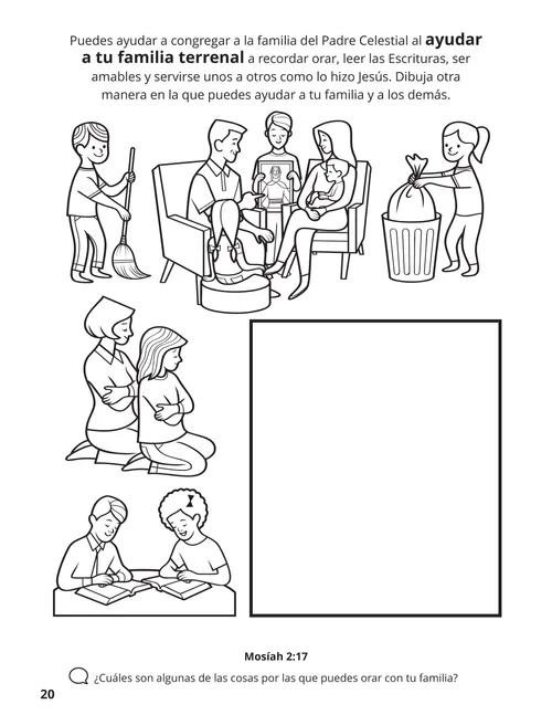 PDF de una página para colorear de familias, orando, leyendo las Escrituras y prestando servicio