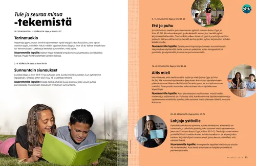 PDF-sivu, jossa tyttö pitelee pyhiä kirjoituksia ja seisoo piirissä istuvien lasten keskellä