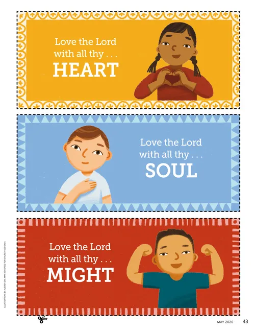Page PDF of sign cutouts with illustrations of children make a heart shape with their hands, holding a hand over their heart, and raising their arms