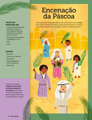 Página em PDF com ilustração de crianças vestidas com roupas bíblicas e segurando folhas de palmeira