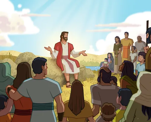 Jesus teaching a group of people.