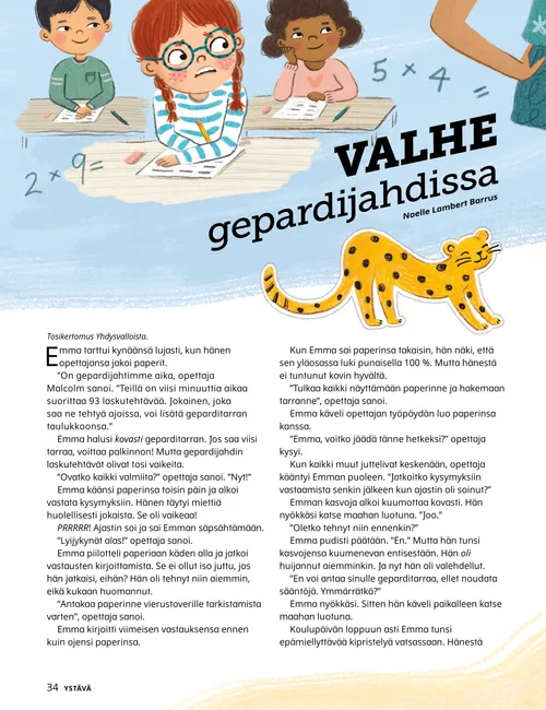 PDF-sivu, jonka piirroksissa geparditarroja, jännittyneeltä näyttävä tyttö pulpetin ääressä ja tyttö rukoilemassa äitinsä kanssa