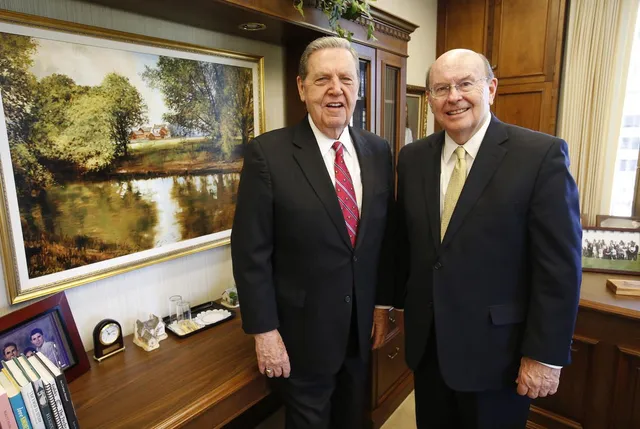 Elder Jeffrey R. Holland and Elder Quentin L. Cook reflect on missionary service together in England, in Salt Lake City, Utah, on July 14, 2017.