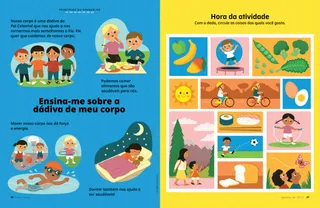 Página em PDF com uma atividade mostrando alimentos saudáveis para comer e atividades físicas