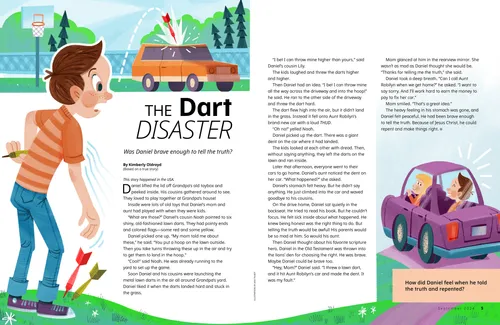 Story PDF of a boy hitting a car with a dart, and the boy in a car with his mom