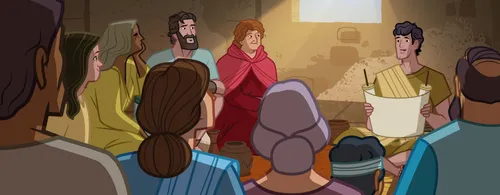 Timothy teaching a group of Saints about the gospel.