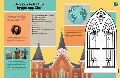 PDF-side med illustrasjoner av Jesus Kristus, familier, templer spredt over en globus og en fargeleggingsaktivitet med et glassmaleri