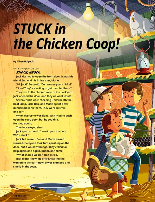 Page PDF with illustrations of three children in a chicken coop, and the children praying with a woman