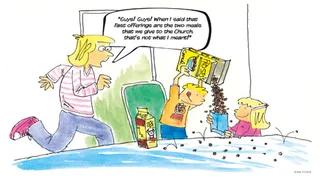 mother and children in kitchen