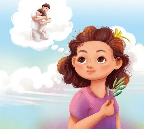 Illustration of girl smiling peacefully with a thought bubble of her dad hugging her