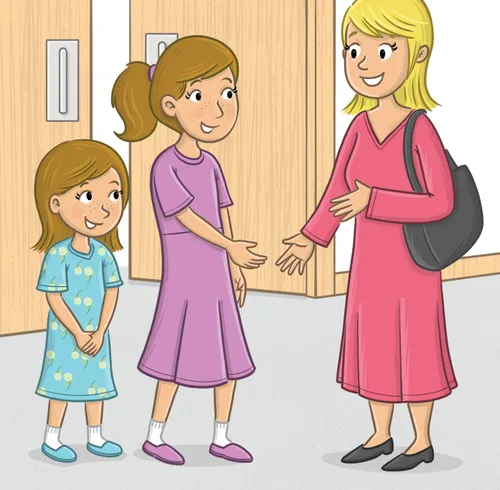 Young woman greeting two girls at church