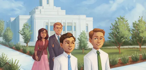 Man, woman, and two boys walking on temple grounds