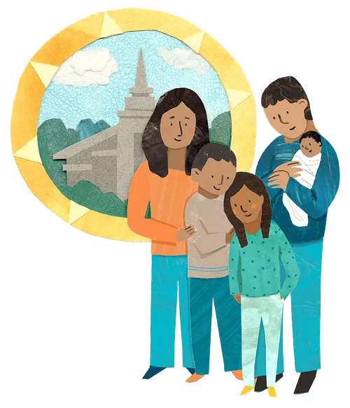 Family standing together with a picture of a temple behind them