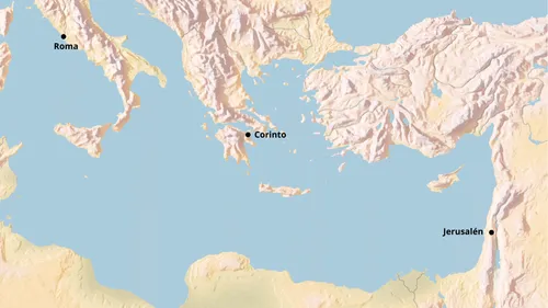 mapa del Mediterráneo con Roma, Corinto y Jerusalén señaladas