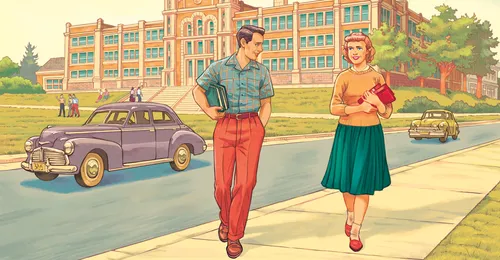 young man and young woman walking in front of school