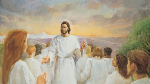 Jesus Christ welcomes resurrected people into the celestial kingdom