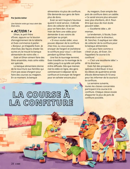 Page PDF avec une illustration représentant des enfants collectant des pots de confiture