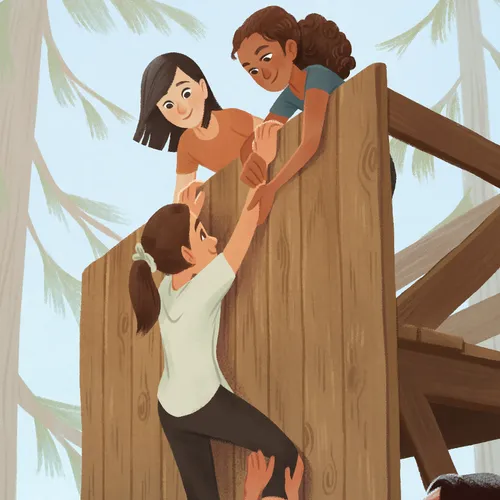 young women at climbing wall