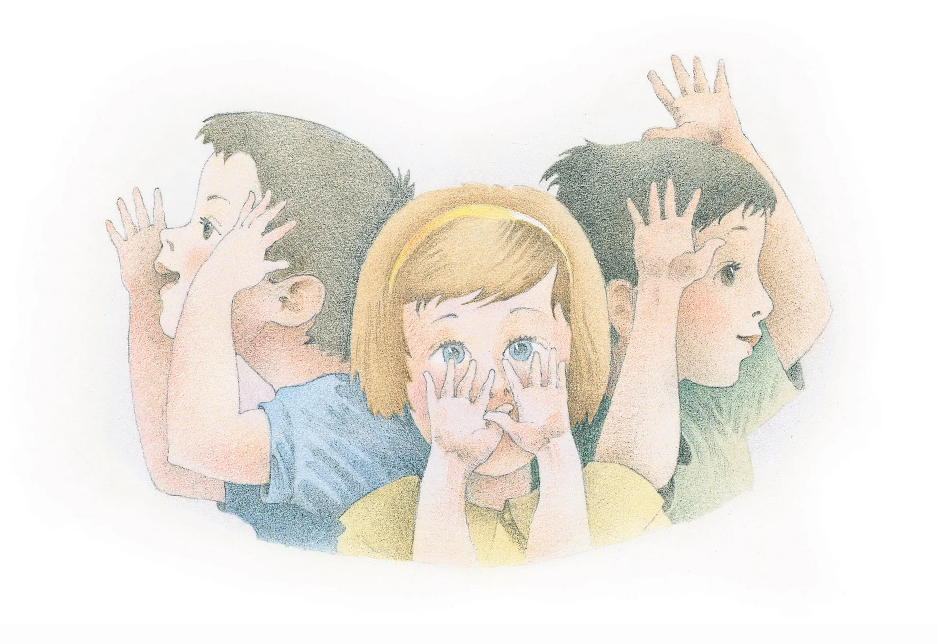 Three children singing and doing hand motions. From the Children’s Songbook, page 273, “My Hands”; watercolor illustration by Richard Hull.