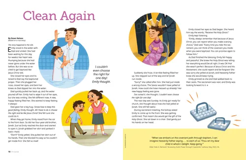 Story PDF with illustration of girl getting baptized, girl yelling at her brother, and girl receiving a priesthood blessing