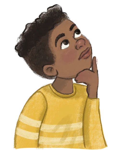 Spot 1: A boy of African descent thinking with a thought bubble coming out from the side of his head. Spot 2: A Hispanic girl pointing to her smile. Spot 3: A name tag – no type on it. Spot 4: Two Caucasian boys sitting on a bench together with backpacks on.