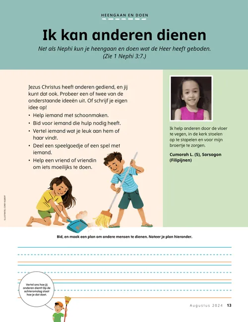 Pdf met illustratie van twee kinderen die een vloer vegen en regels om een dienstbetoonplan te schrijven
