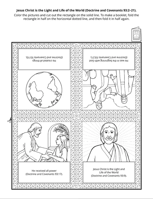 Line drawing depicts four ways Jesus is the light of the world by blessing, teaching, creating and loving.
